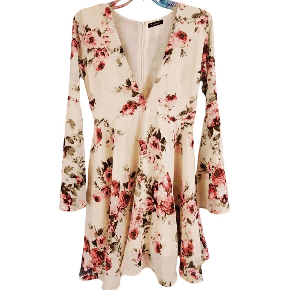 Style House Floral Print Deep V-Neck Boho Mini Dress Small Romantic